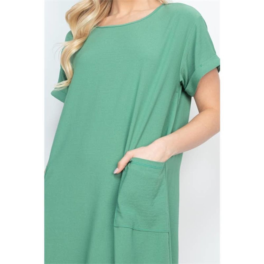 Green Rolled Sleeve Shift Dress with Pockets - Picture 6 of 8